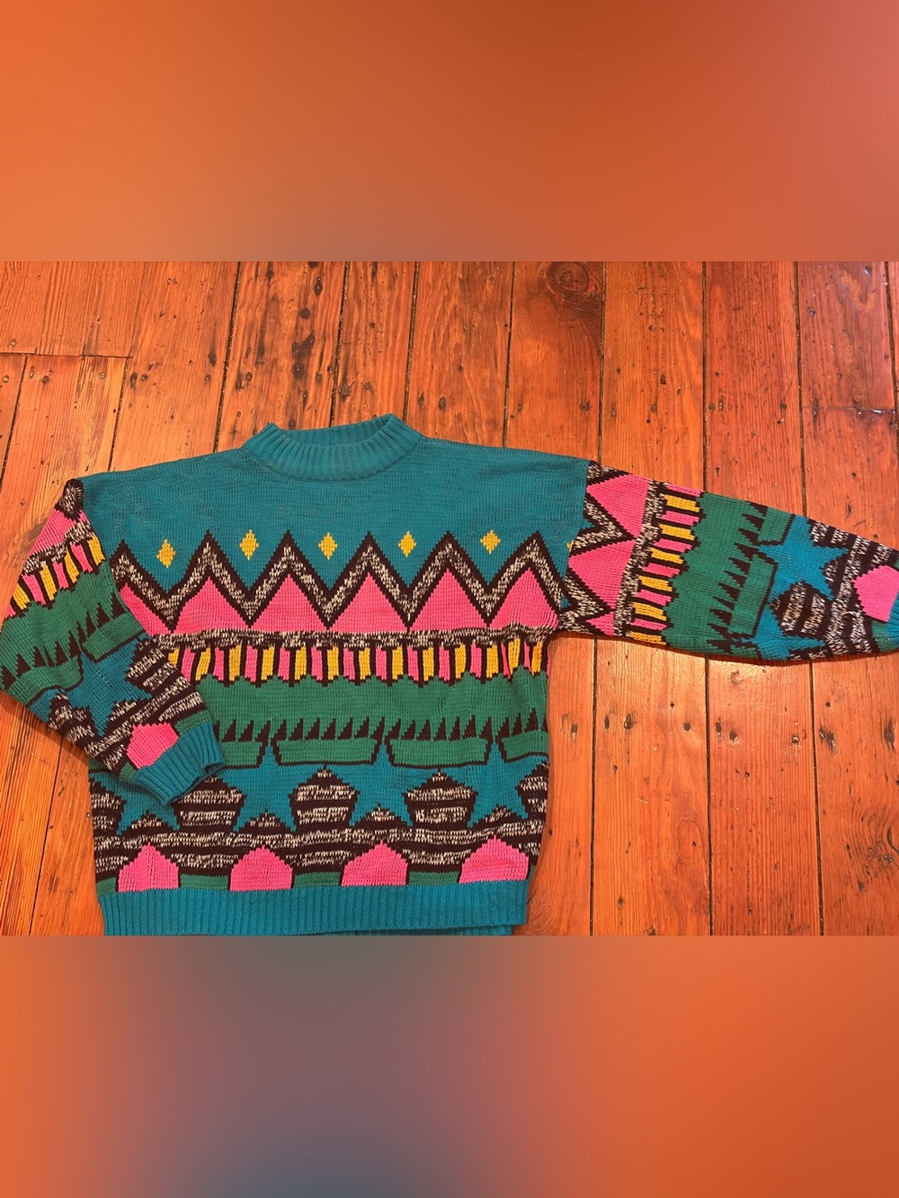 Teal Sweater with Pink, Yellow & Black Accents